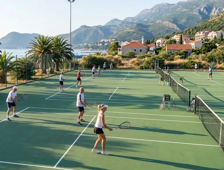 Adults in a group tennis session on hard courts beside the sea