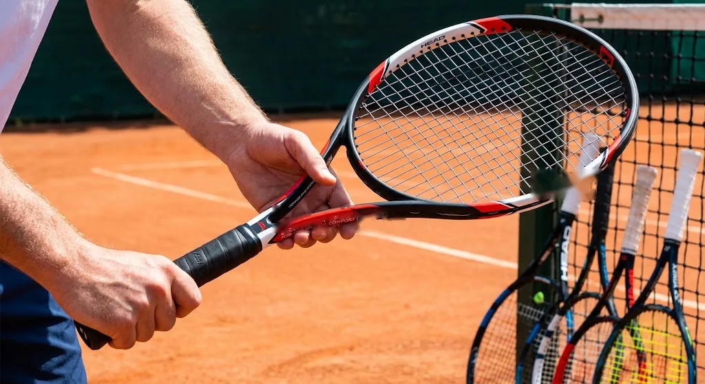Hand holding a tennis racket grip, showing how the handle sits in the palm