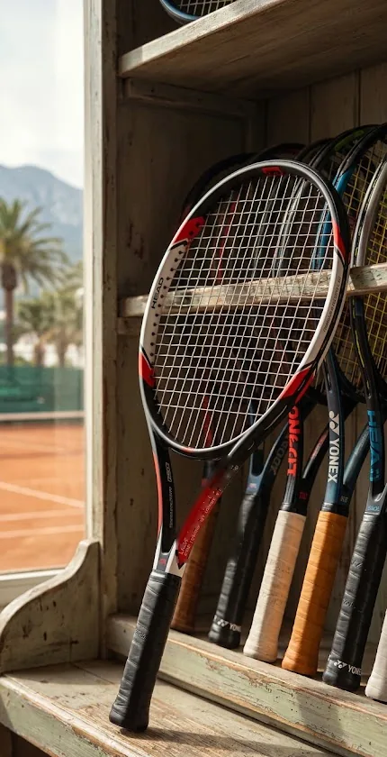 Tennis rackets from several manufacturers lined up on a wooden rack